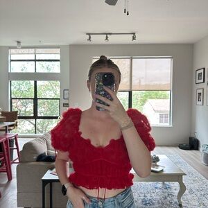Red Lace Puff Sleeve Top